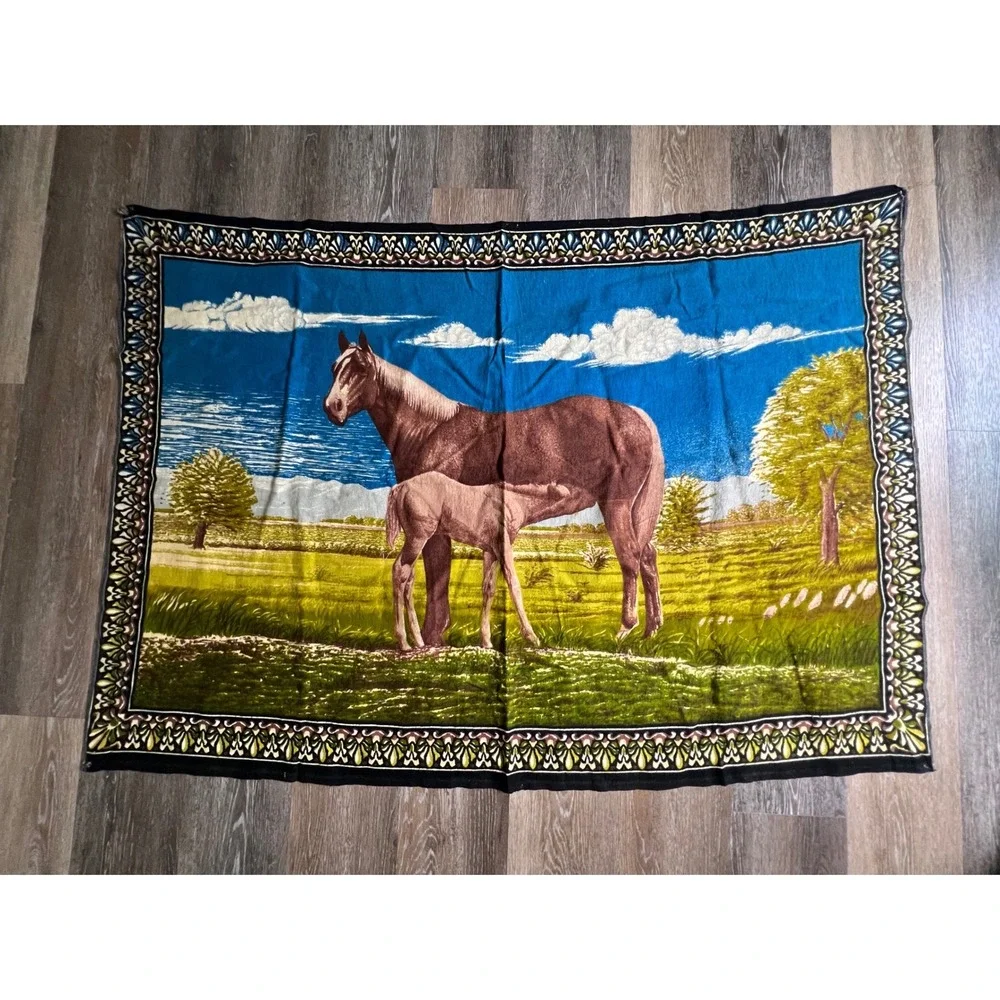 Vintage Velvet Horse Tapestry Wall Hanging Blue Green 38x54 Mare Foal